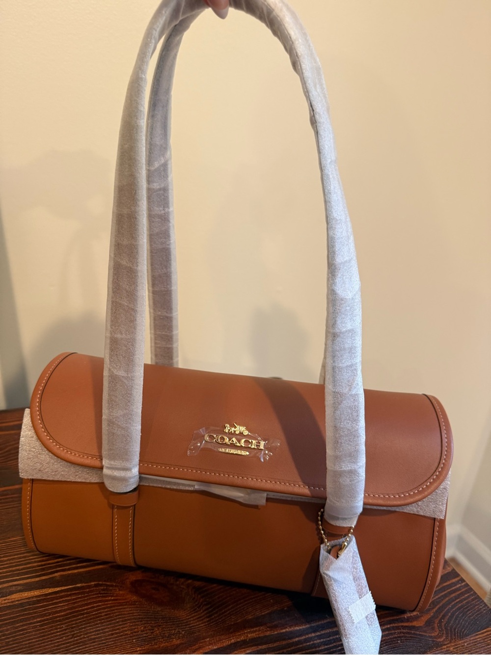 Coach Tan and Brown Leather Barrel Shoulder Bag